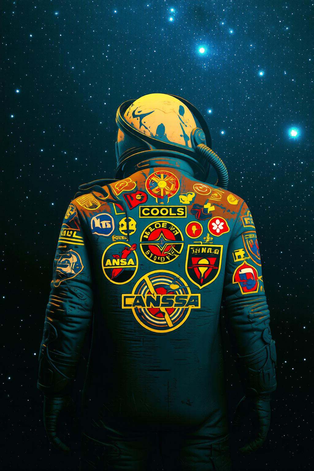 pascalblanche2q illustration.An astronaut stands facing away from the viewer against a starry sky. The astronaut wears a t...