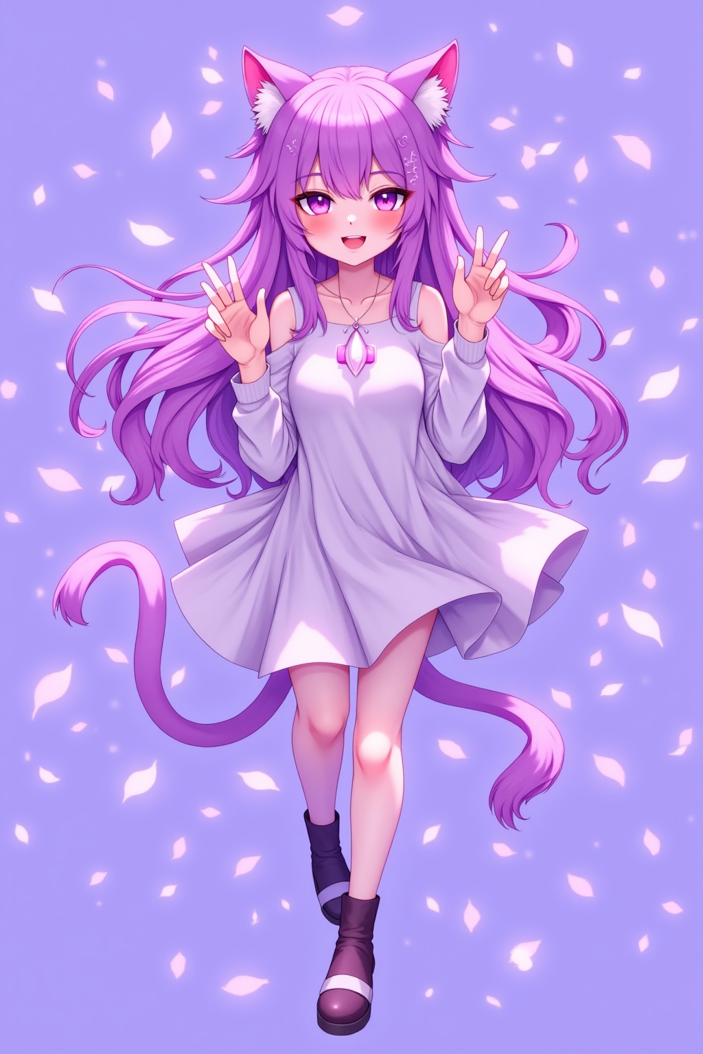 Best picture quality,8K,a beautiful girl,flying purple petals,2 cat ears,