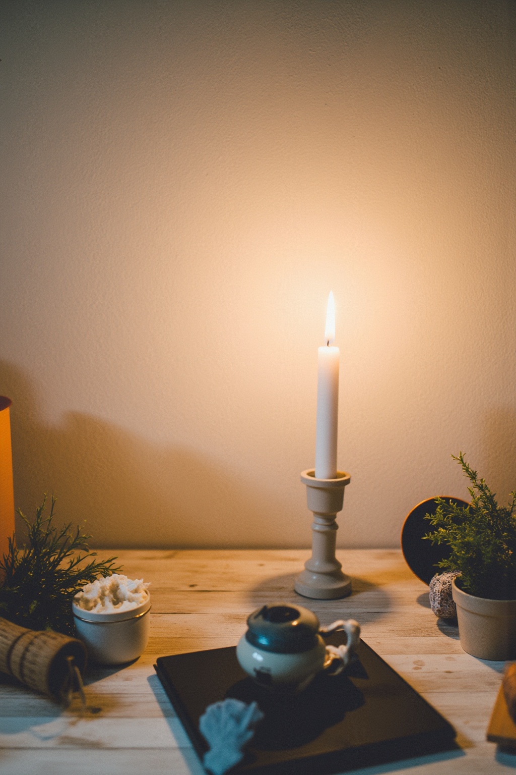 film grain,cozy candlelit scene in high resolution,capturing the essence of small-bourgeois charm with a relaxed,bright,and fresh vibe. The candle's warm glow casts a gentle light across a simple,yet elegant table setting,adorned with a few sprigs of fresh greenery and perhaps a favorite book or two,suggesting a quiet evening in. The background is a soft,muted color that complements the candle's flame,creating a serene and inviting atmosphere.,light master,