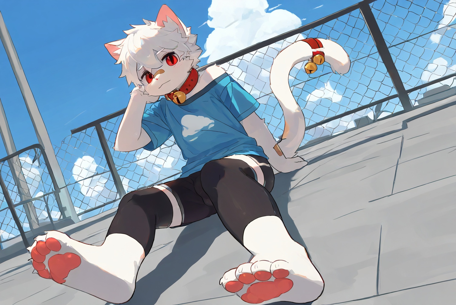 cat boy,1boy,solo,male_focus,(white_hair:0.8),red eyes,[bell on collar,Collar,Cortical collar,Large collar],(blue t-shirt,black_leggings under shorts,black bike_shorts),(barefoot) BREAK dutch angle,vanishing point,sitting on rooftop,(blue sky,cloud,wind),(masterpiece, best quality:1.1),foot focus,bandage on nose,bandage on leg,Tail decoration,cat tail,PVC Style,bare_shoulder,body fur,furry,