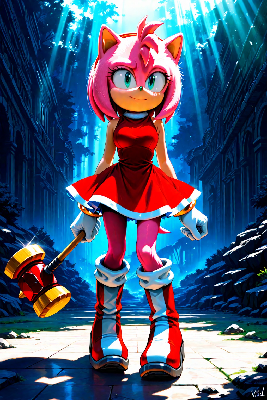 Amy Rose,  the pink hedgehog from Sonic the Hedgehog,  standing confidently with her signature Piko Piko Hammer on Tensor.Art