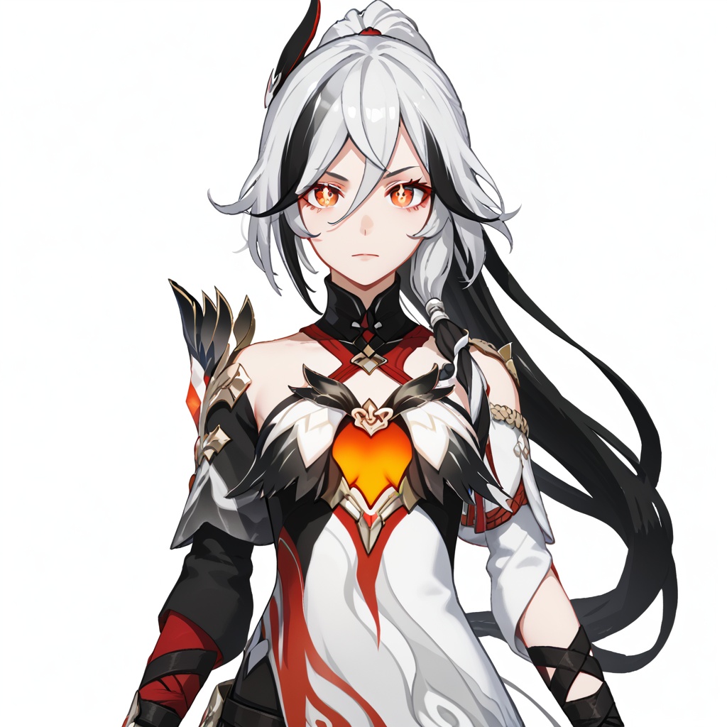 (white background:1.2),looking at viewer,(SOLO:1.4),outline,simple background,upper body, cowboy shot,looking at viewer,(((arms at side))),  fu hua bengluo9600,fu hua,messy hair,jewelry,eyelashes,two-tone hair,tattoo,ribbon,bangs,white hair,orange eyes,red eyes,streaked hair,black hair,fiery hair,hair between eyes,multicolored hair,hair ornament,yellow pupils,diamond shaped pupils,long hair,ponytail,<lora:9600鹤-pony:0.8>