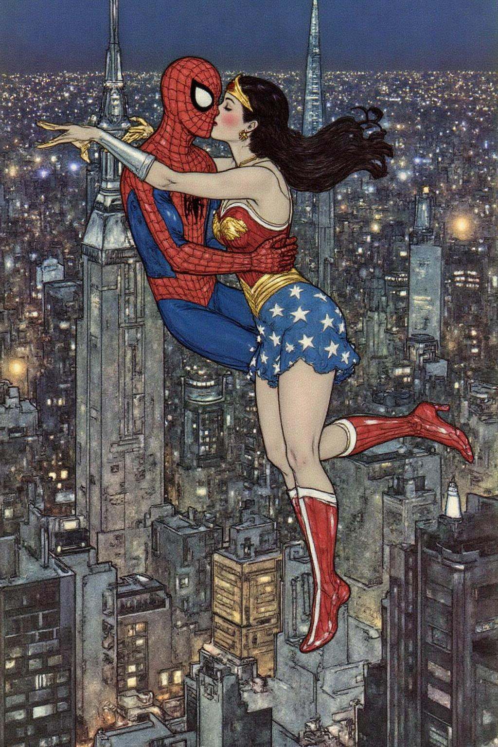 dulac1 illustration. Spider-man and Wonder Woman,  kissing,  floating above Shanghai on Tensor.Art