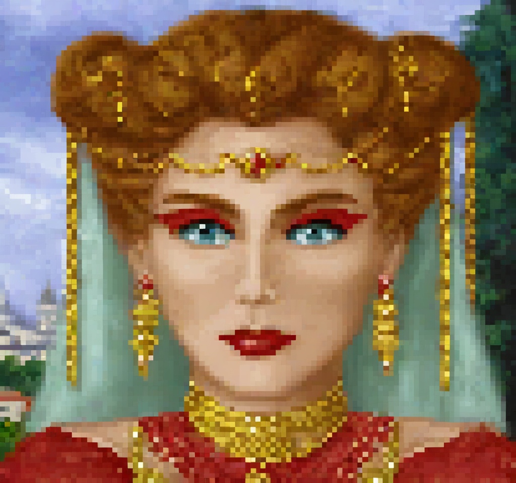cinematic still style portrait of a sorceress with fair skin and light brown hair styled in an elaborate updo with promine...