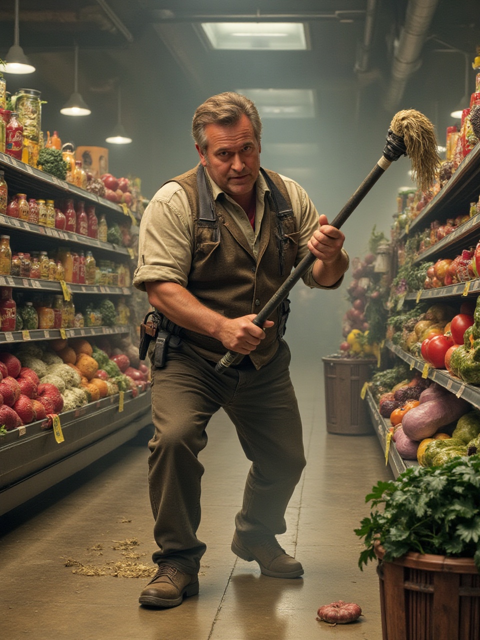 8ruc3c4mp83ll A man as an exaggerated hero in a grocery store,  brandishing a mop like a chainsaw to fight off an army of...