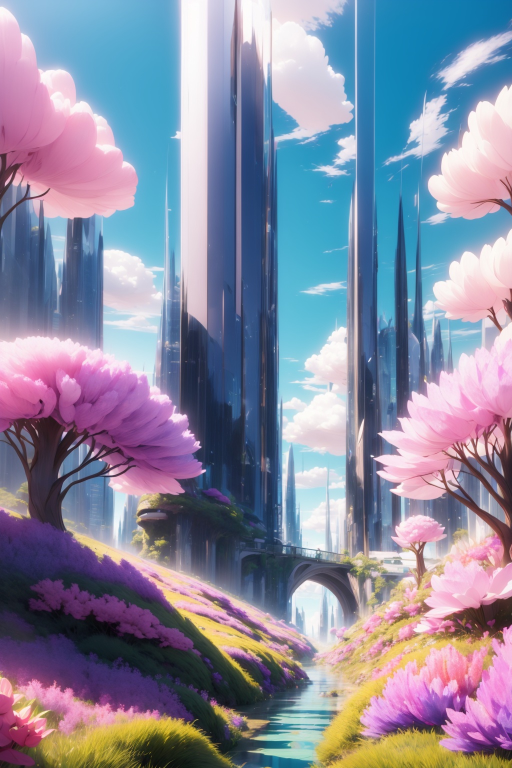 <lora:AgainWonderlandForest:1>,AgainWonderlandForest, scenery, flower, sky, cloud, day, no humans, tree, blue sky, plant, bridge,  fantasy,