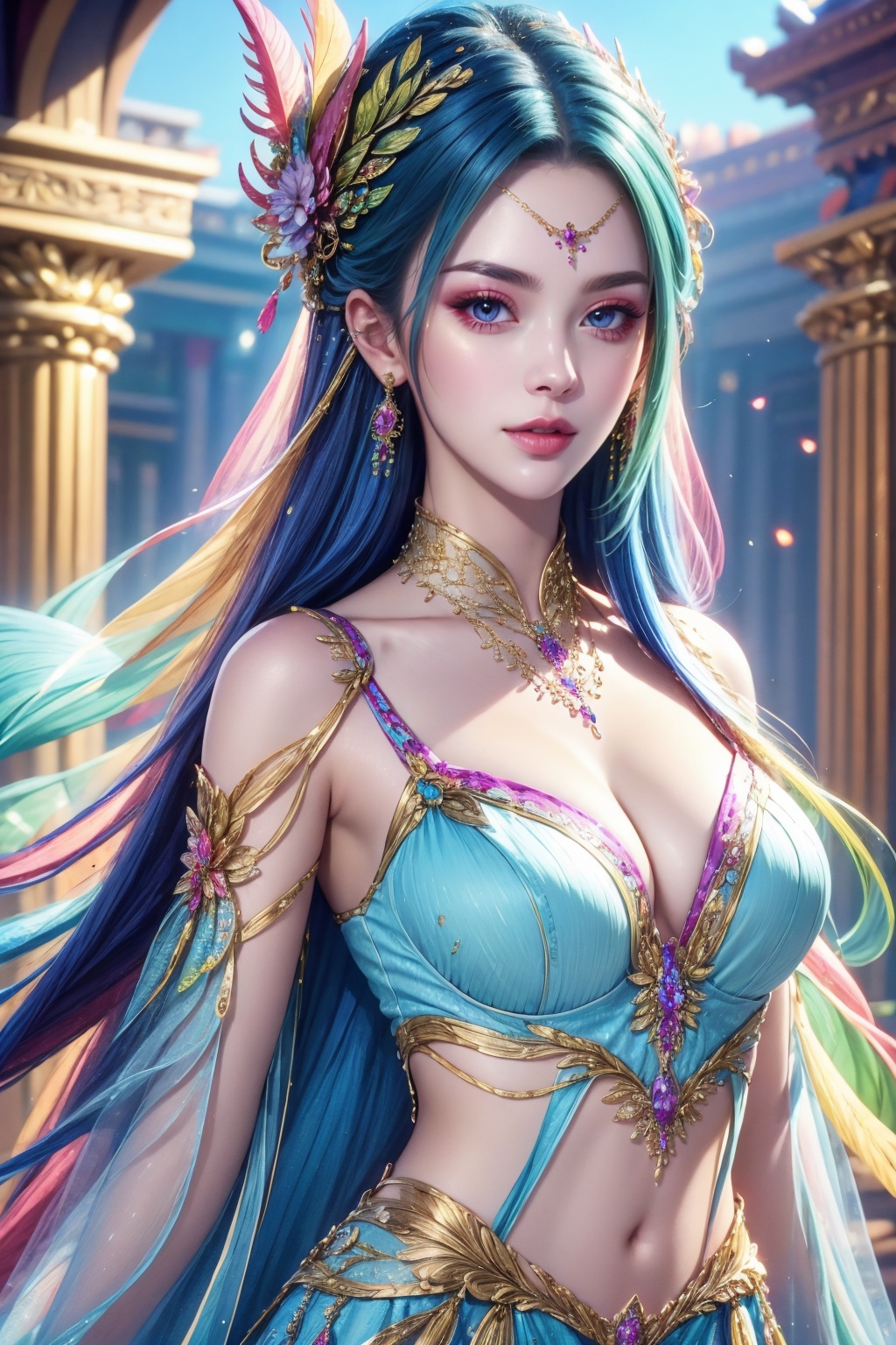 extremely detailed, 1girl, solo, long hair, jewelry, hair ornament, necklace, original, dress, looking at viewer, feathers, pale skin, 