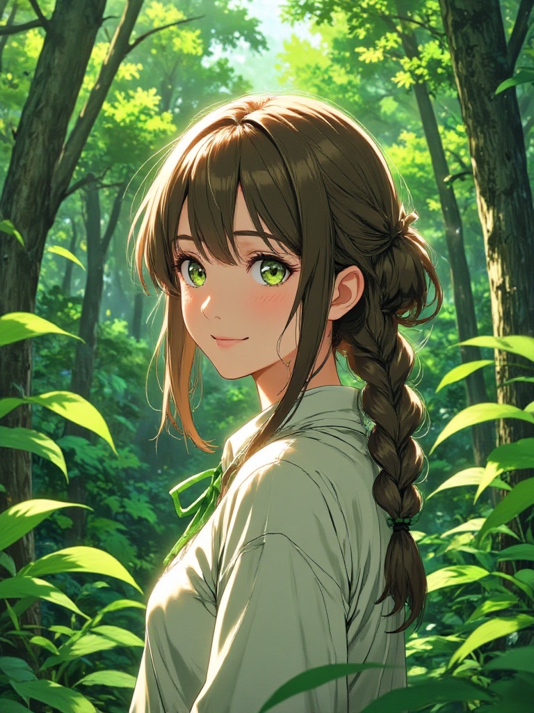 Anime-style drawing of a young woman with green eyes and long brown hair in a braid,  wearing a white shirt with a green r...