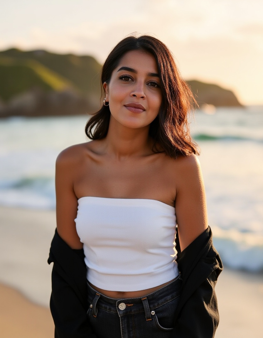 A captivating scene featuring a young woman standing by the beach during sunset. The subject wears a white sleeveless top...
