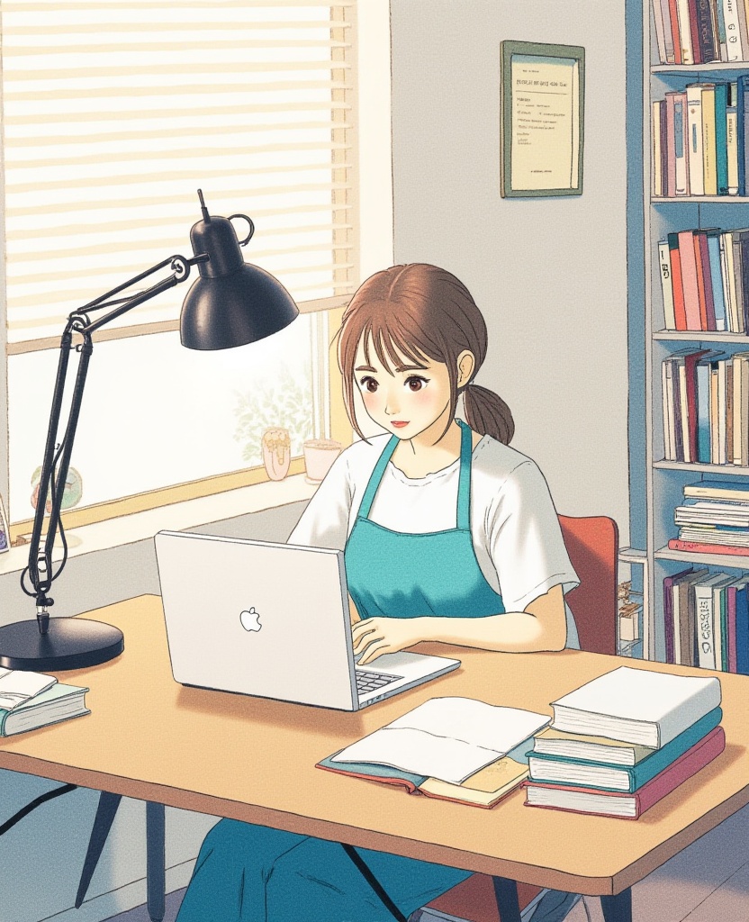 A digital drawing of a young woman sitting at a desk in a cozy, well-lit room, wearing a white shirt and a teal apron, with a laptop, books, and a black desk lamp. The room has shelves filled with books and a window with blinds. The style is soft and pastel, with a calm and focused atmosphere.,<lora:flux_清新插图_tusi:1>