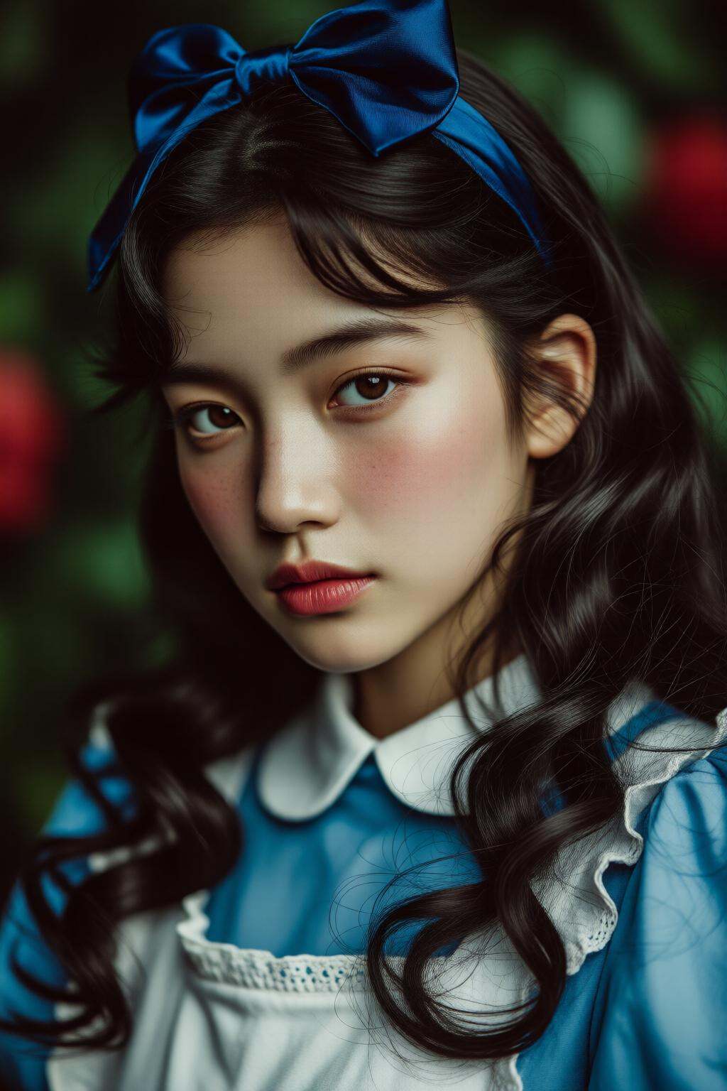 midjourneymix10q photograph. 3/4 view of a Japanese teenager with wavy long dark hair and dark blue Alice band,  dressed a...
