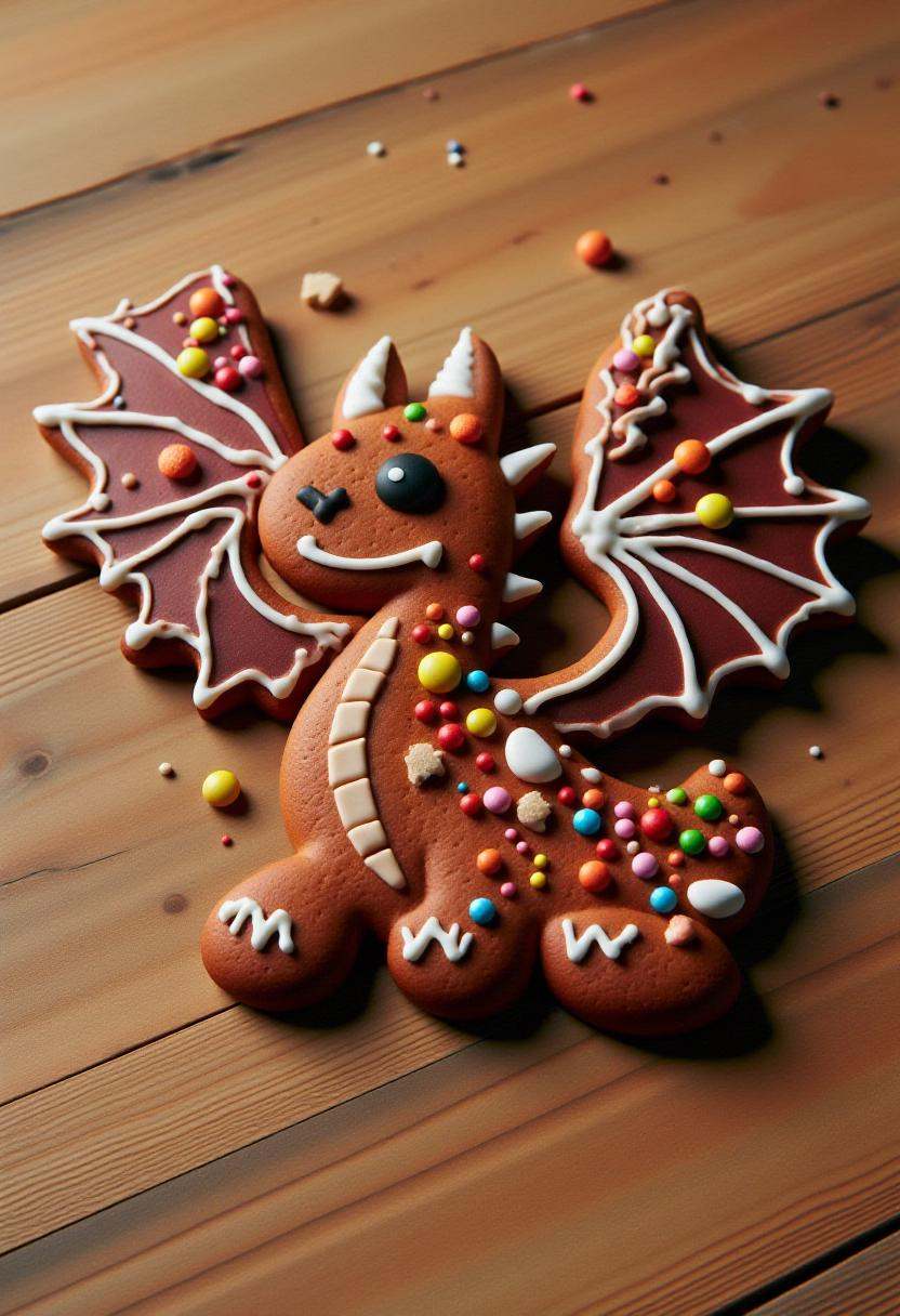 This is a photograph of a intricately decorated gingerbread Night Fury from How to Train Your Dragon,  placed flat on a wo...