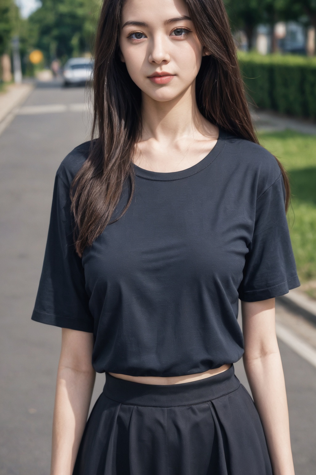 1girl, solo, realistic, long hair, looking at viewer, blurry, blurry background, black hair, lips, teenage, upper body, breasts, t-shirt, skirt,