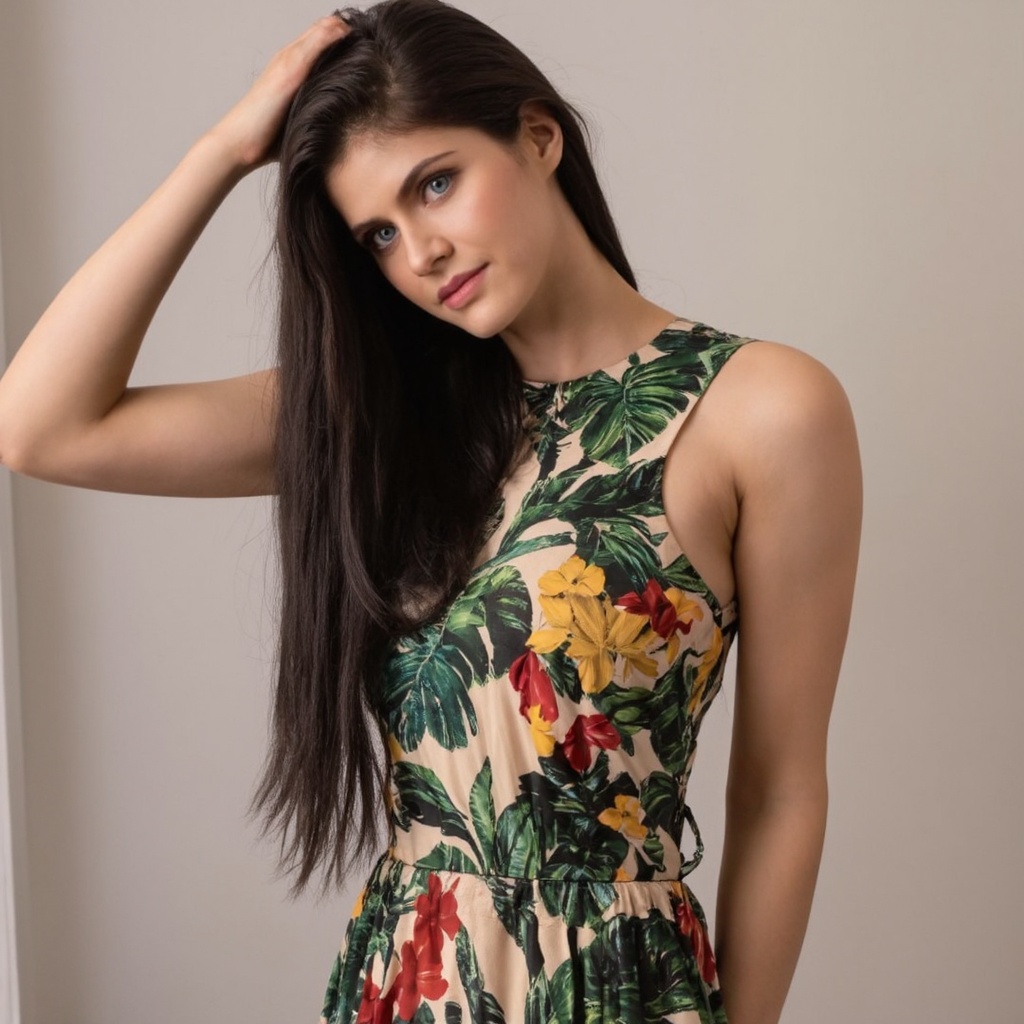 A portrait of alexandra_daddario with long,  vibrant black hair. She wears a sleeveless dress with a tropical print of gre...