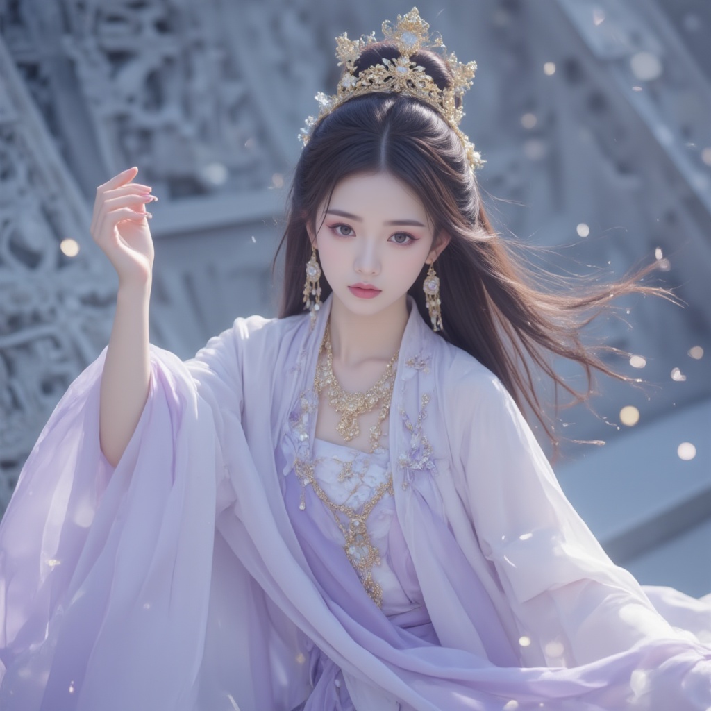 inspired by dunhuang art, ethereal woman in traditional chinese attire, tang dynasty, flowing white and lavender robes, intricate gold headdress, delicate jewelry, dunhuang, serene expression, graceful pose, soft natural light, intricate stone carvings in the background, soft and ethereal mood, full-body shot, slight tilt angle.<lora:极品超模V8_2.0:0.8>