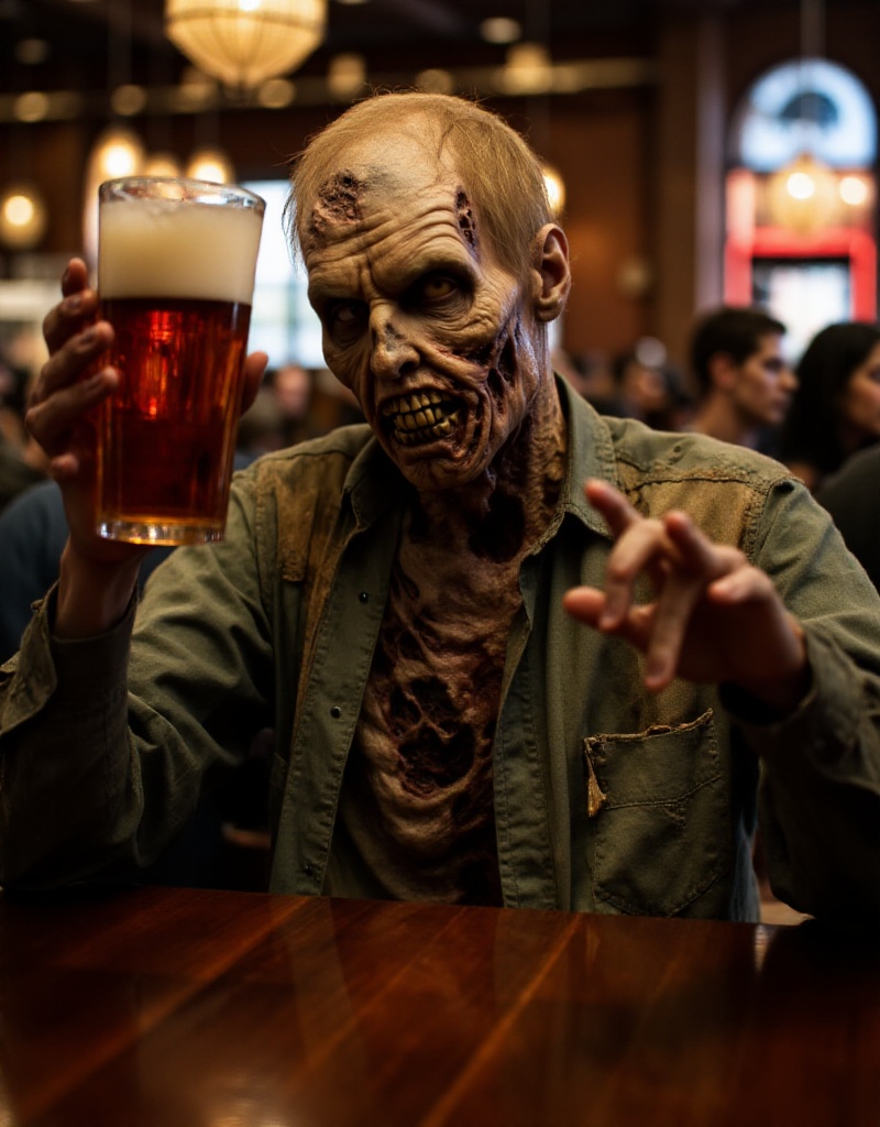 a zombie is holding a beer in a pub on Tensor.Art