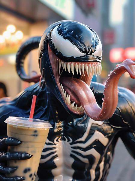FRESHIDEAS Venom drinks milk tea 3d artist name blurry blurry background blurry foreground building city city lights cybor...
