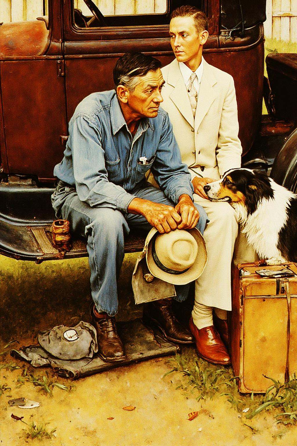 normanrockwell1 painting. In the center is an elderly man in a worn denim shirt and jeans sits on the edge of a rusty old...