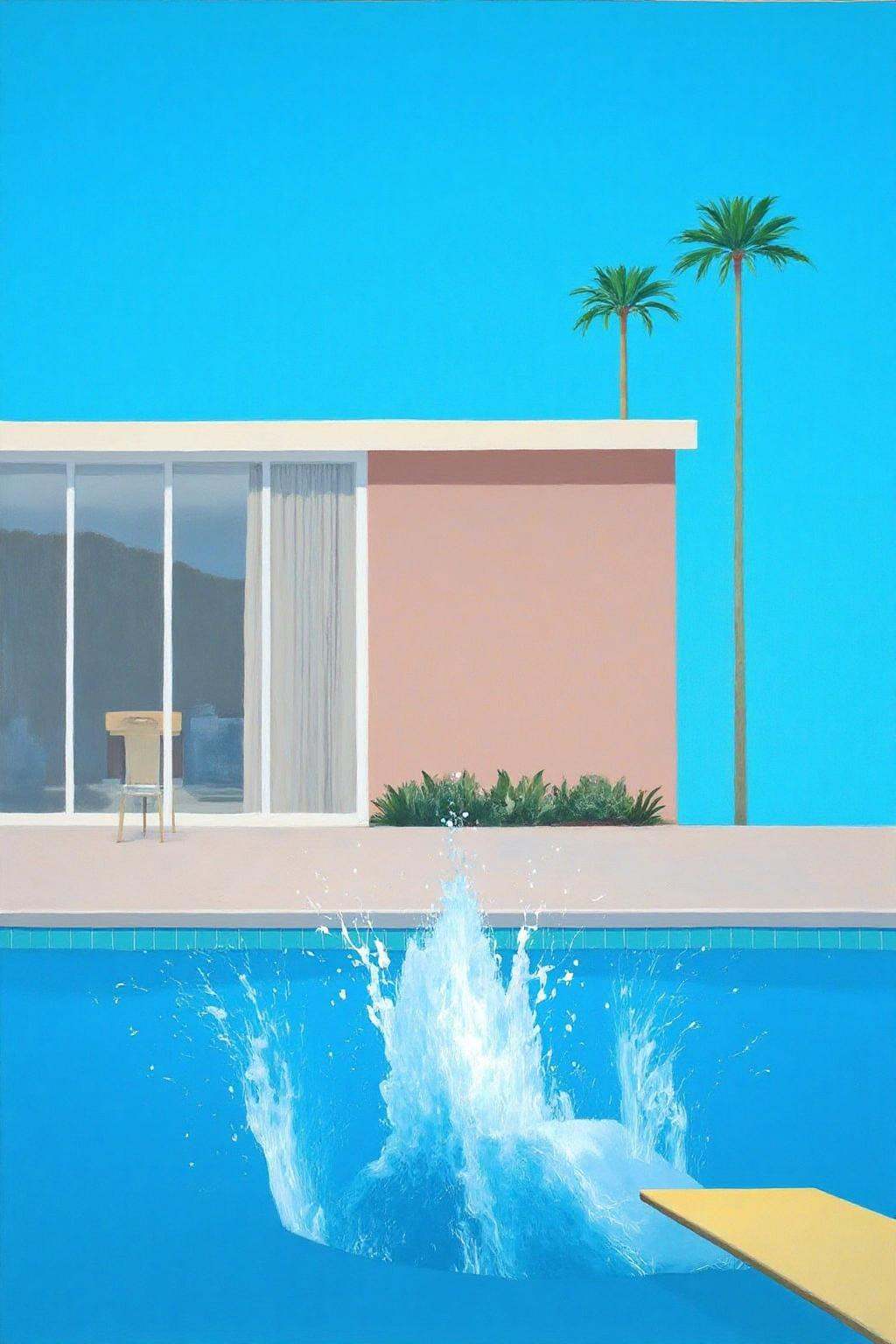 daho1 painting.A serene,  geometric scene of a modernist building and a swimming pool. The background features a clear,  b...