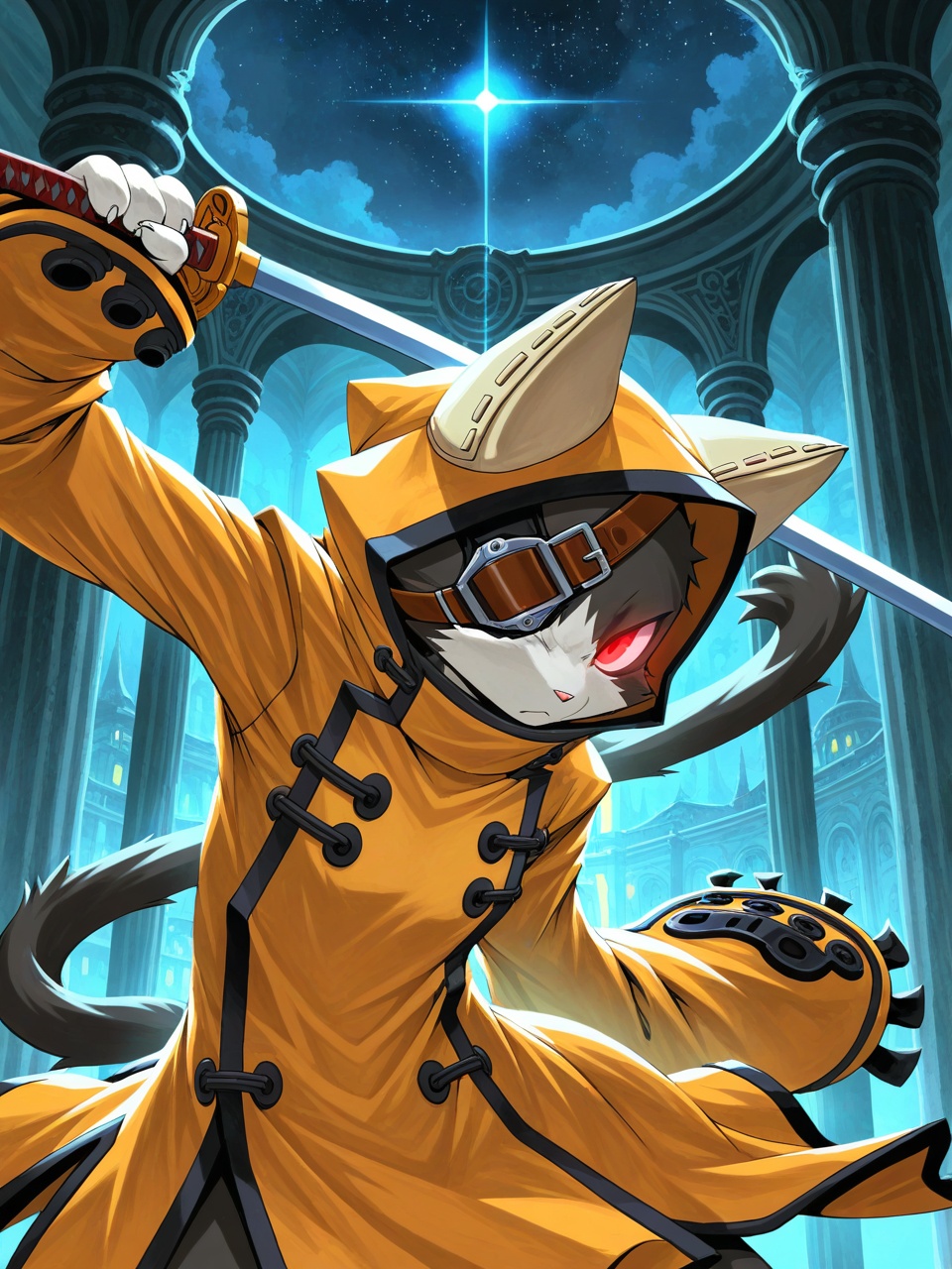 jubei \(blazblue\),  black fur,  yellow hood on Tensor.Art