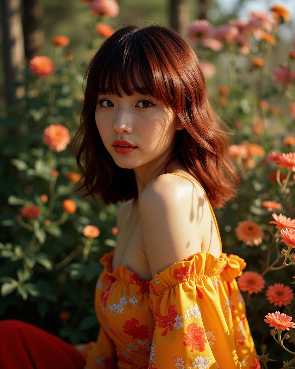 A asian woman with shoulder-length maroon hair and stylish bangs. The intricate details of her outfit and the mesmerizing...