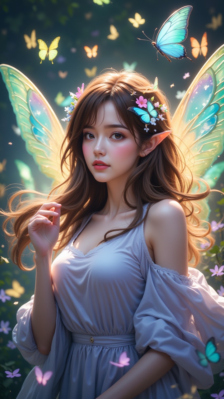 (masterpiece, best quality:1.2),1girl,Butterflies on the Head, antennae, blue butterfly, blue wings, blurry, blurry background, brown hair, butterfly, butterfly hair ornament, butterfly on hand, butterfly wings, cleavage, fairy, fairy wings, flower, flying, glowing butterfly, glowing wings, green wings, hair ornament, ice wings, insect wings, lips, long hair, medium breasts, motion blur, multicolored wings, nature, pink wings, pointy ears, purple wings, solo, transparent wings, white butterfly, white wings, wings, yellow butterfly, yellow wings,Dawn Elf,dawn,glow,Glowing wings,Dress,Multiple butterflies,Glowing Butterfly,Super large wings