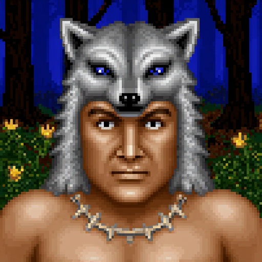 Original HoMM2 style portrait of a male barbarian with a wolf headdress. The character has a muscular build,  a headdress...
