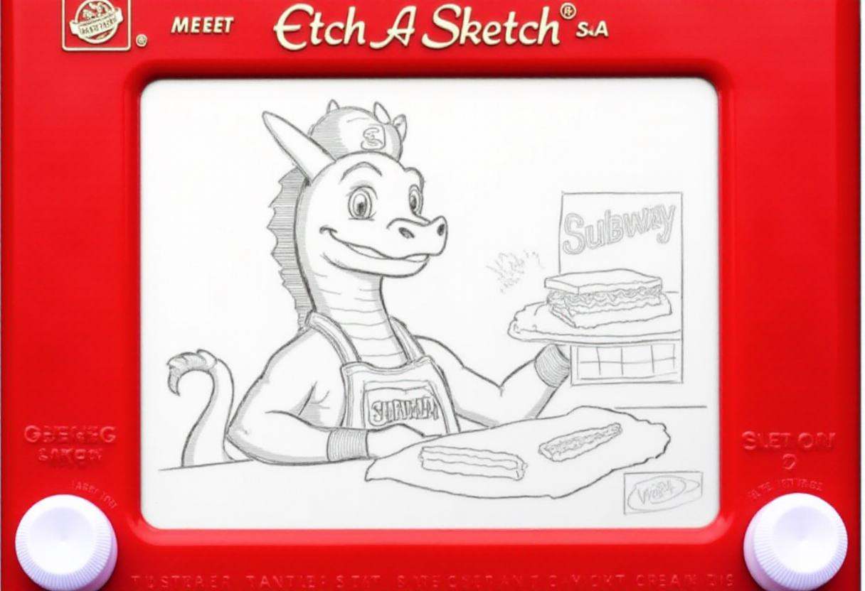 This image is a photograph of a drawing created using the Etch A Sketch toy,  a classic handheld drawing toy that uses a s...
