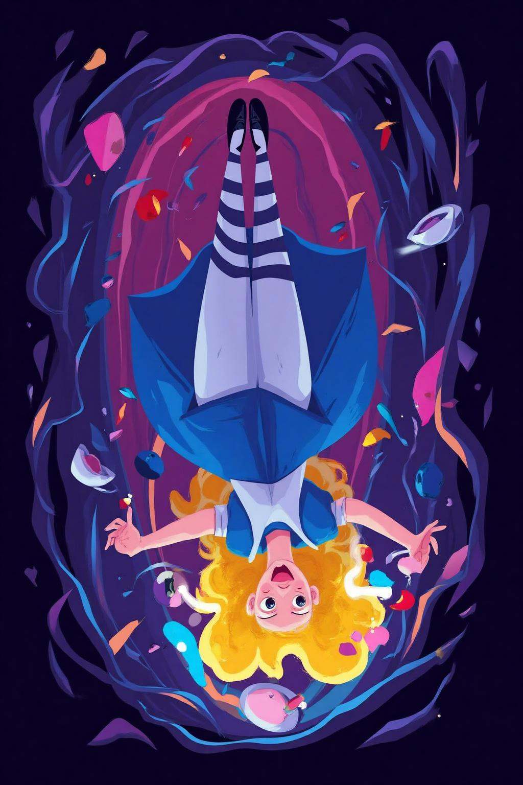 vector art.Overhead shot of Alice in Wonderland falling into the rabbit hole,  with her legs dangling beneath her. She is...