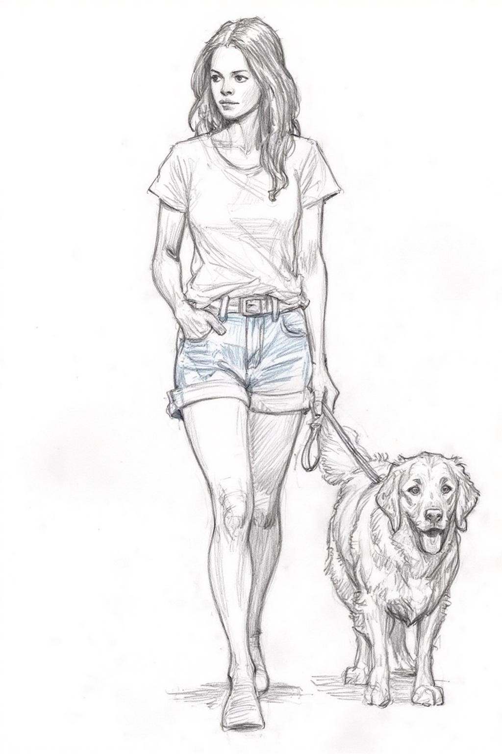 Pencil sketch.A girl,  wearing a white short-sleeved shirt and short blue jean shorts,  walking a golden retriever on Tens...