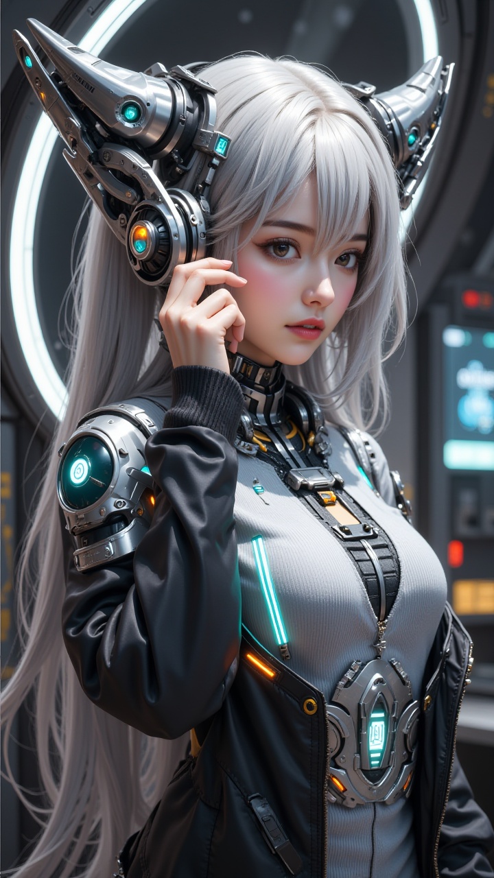 (masterpiece, best quality:1.2),1girl, dynamic posture, brown eyes, glowing, looking at the audience, one hand placed next to the earphones, silver complex mechanical structure helmet, multi light source mechanical earphones, metal luminous mechanical neck guard, luminous necklace, luminous structure between the two breasts, realistic, necklace, white hair, gray and black sweater clothing, back glowing mecha, back multi light source mecha, science fiction, single person, upper body, above the abdomen, front, mecha, hard surface, streamlined mecha, realistic materials, indoor, small luminous screen and circular ring light on the right, science fiction indoor background, mechanical ring