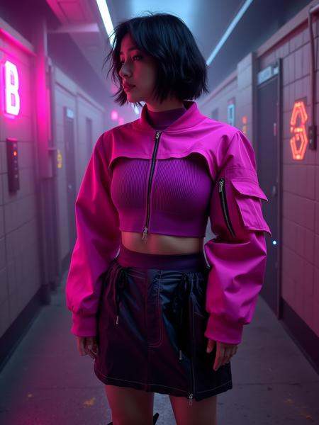 mad-cbrpnkjckt01,  woman wearing neon magenta croptop and shrug \(clothing\),  skirt on Tensor.Art