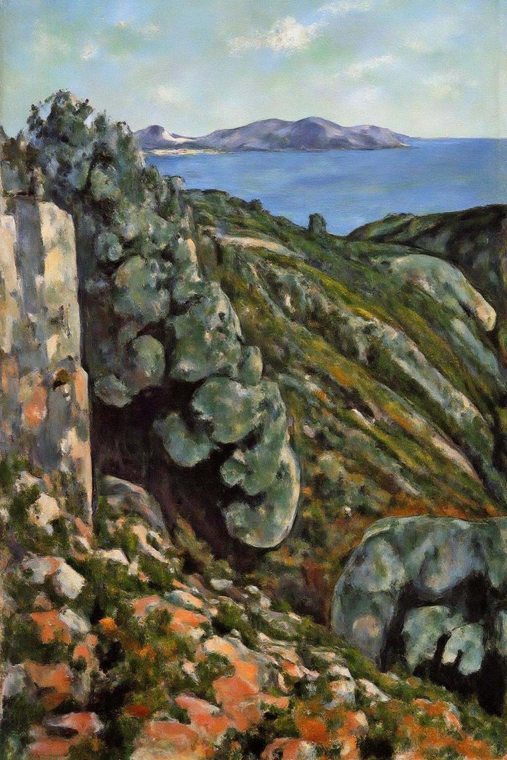 pau1cez painting.The scene depicts a rugged,  rocky landscape with a serene coastal view in the background. on Tensor.Art