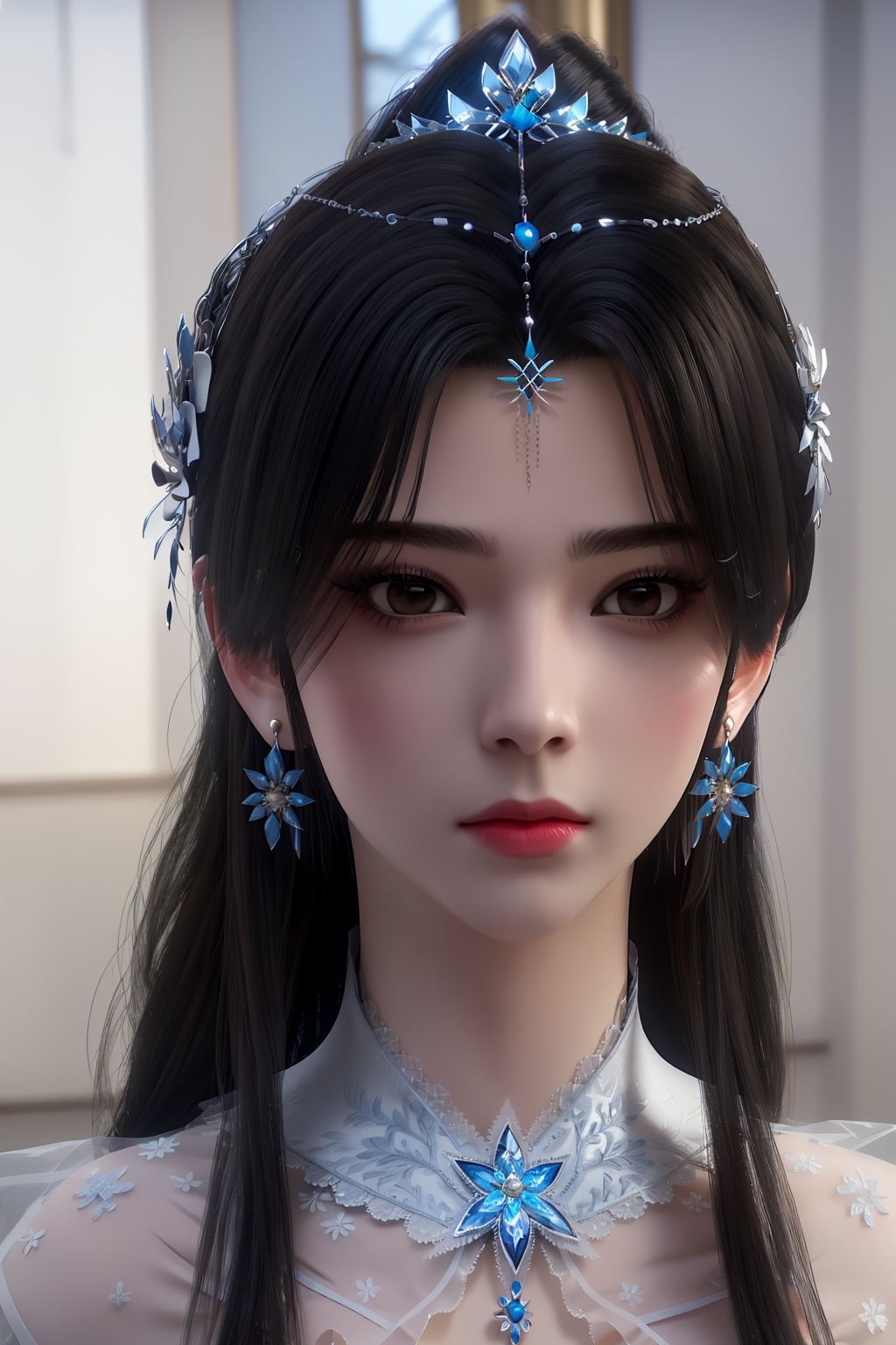 3D,masterpiece,(best quality),(makeup),official art, extremely detailed cg 8k wallpaper,((crystalstexture skin)), (extremely delicate and beautiful),(highly detailed),(face),(tiara),headpiece,(collar),(hair_flower),(1girl), (solo), (jewelry), (earrings),(black_hair),(long_hair),(hair_ornament),(handwear),(breasts),(portrait),,(closed_mouth),(dress),(shiny_clothes),(city,indoor),,((looking_at_viewer)),((Facing the camera)),, <lora:hipoly3DModelLora_v10:0.3>