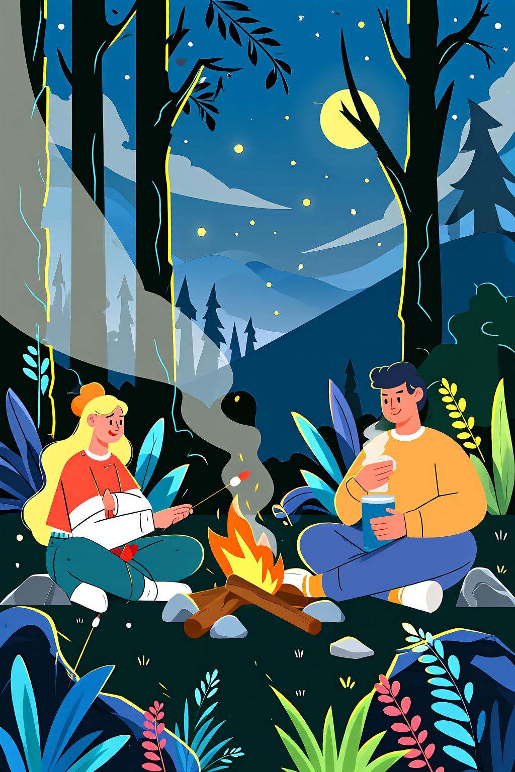 flatcolorvectorart2q illustration.Two people are sitting by a campfire at nighttime. On the left,  a woman with long blond...