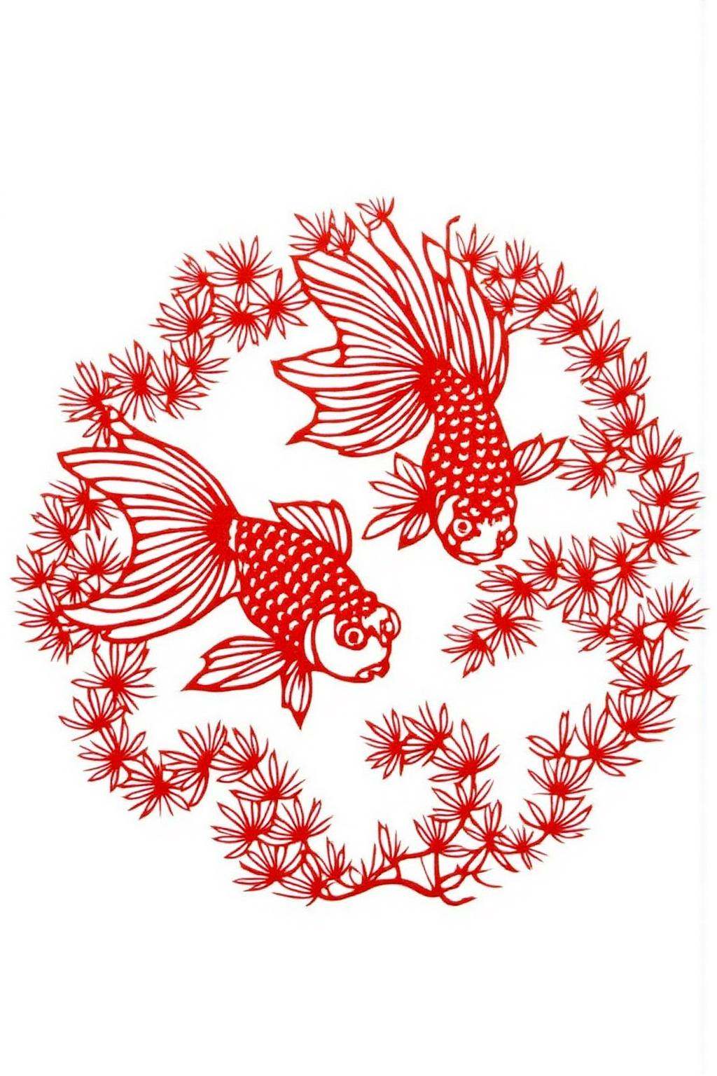 papercut art of two goldfish swimming in a circular composition. The goldfish are depicted with delicate,  flowing fins. T...