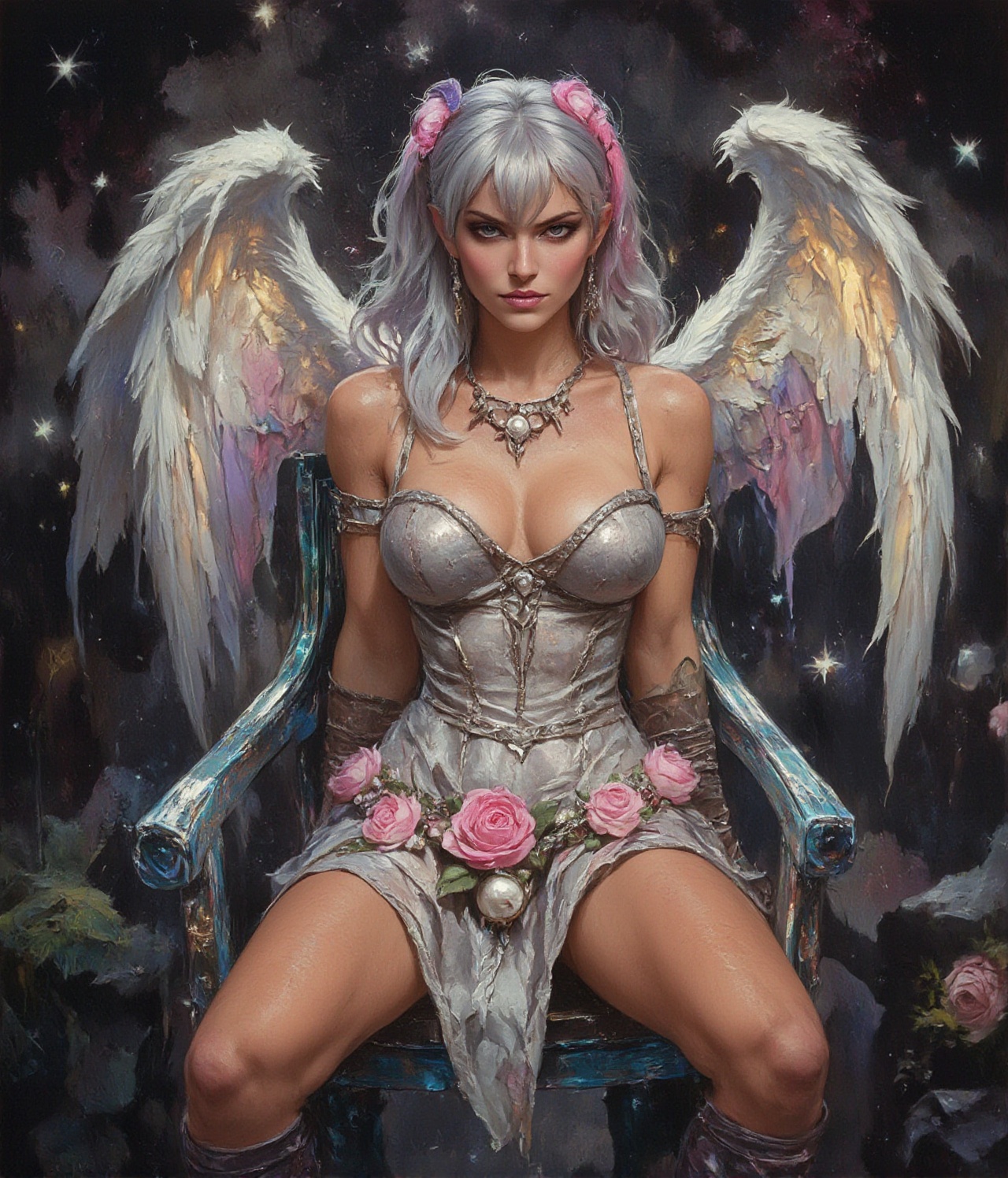 A close up portrait of a boujee ultrarealistic gothpunk light angel with long punk-style silver hair featuring vibrant pin...