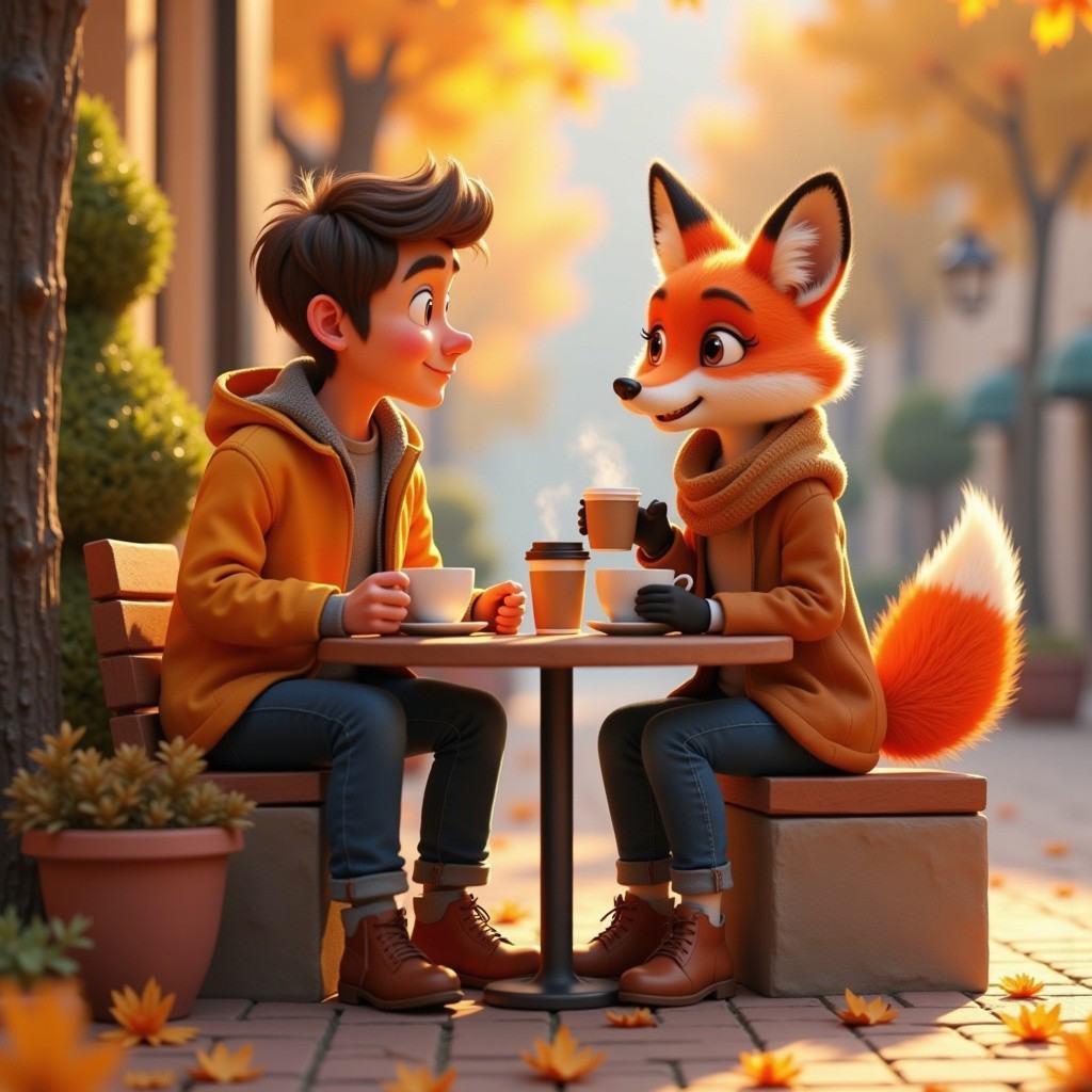 A male human and a fox-woman sitting down to drink coffee outside,  they are wearing fall clothes on Tensor.Art