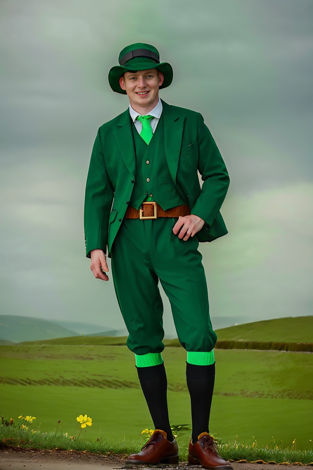 (Irish countryside),  four-leaf clover in the foreground,  outdoors on Tensor.Art