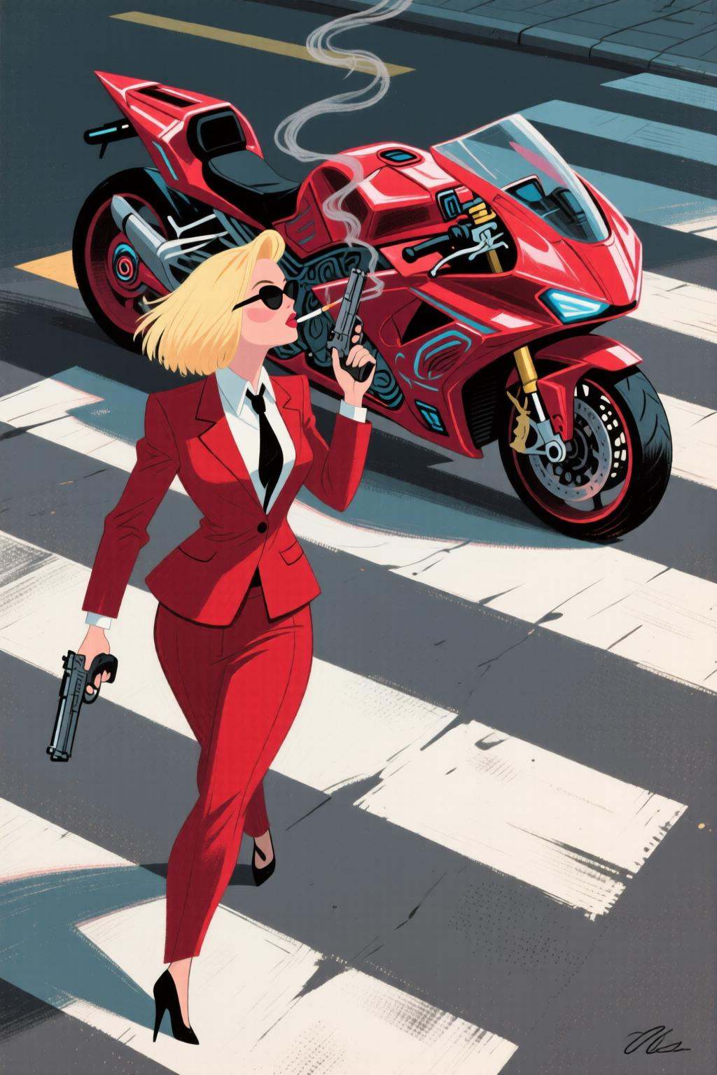 maryblair4q illustrationOverhead shot of a Blonde woman walking away from a futuristic motorcycle parked at a zebra crossi...