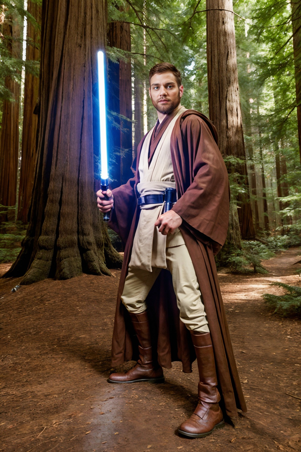 standing in a redwood forest among giant redwood trees,  bearded,  TommyDefendi is a jedi master in jedioutfit on Tensor.Art