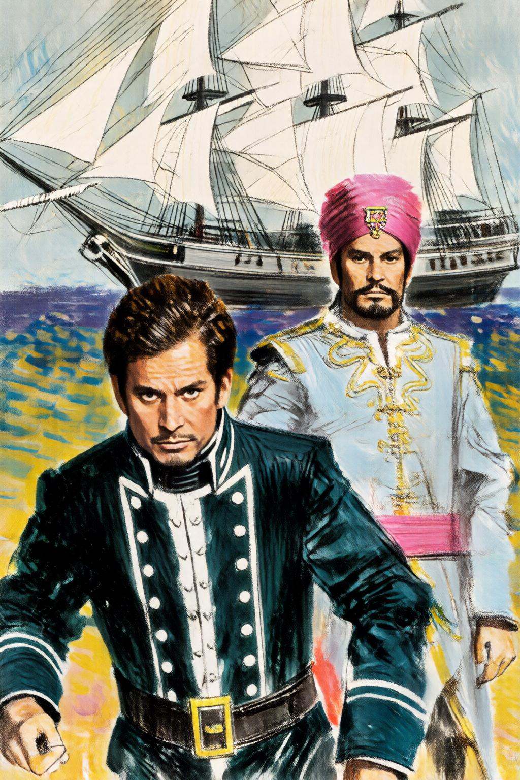giannirenna2q illustration. Two men are in the foreground,  dressed in historical attire. The man in the front has a trimm...