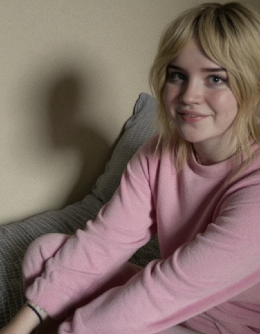 realistic photo of Sophie,  wearing pink pyjamas,  sitting on a bed on Tensor.Art