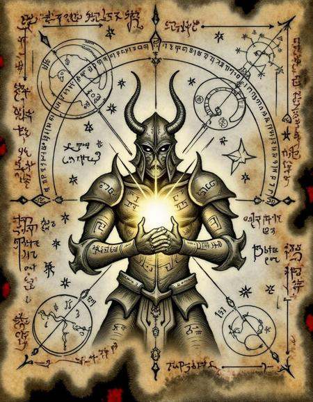 frbddnbk,  A brittle,  torn page features an armored figure holding a glowing orb. The figure’s helmet is adorned with hor...