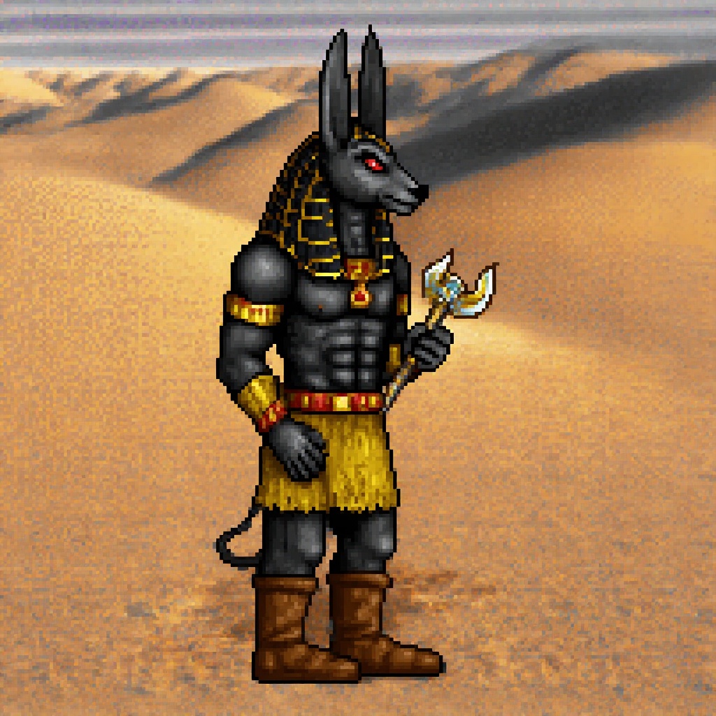 Original,  HoMM2 style,  full-height Anubis creature on a dervish faction background on Tensor.Art
