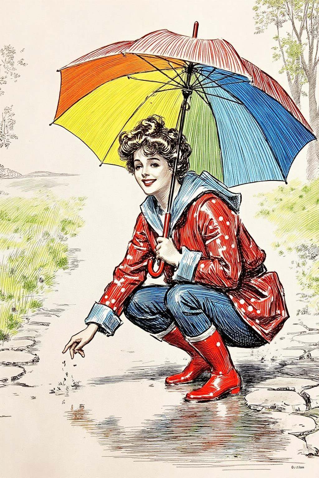 charlesdgibson1 color illustration.A young woman,  angled from slightly above and to the right,  crouching low to the grou...