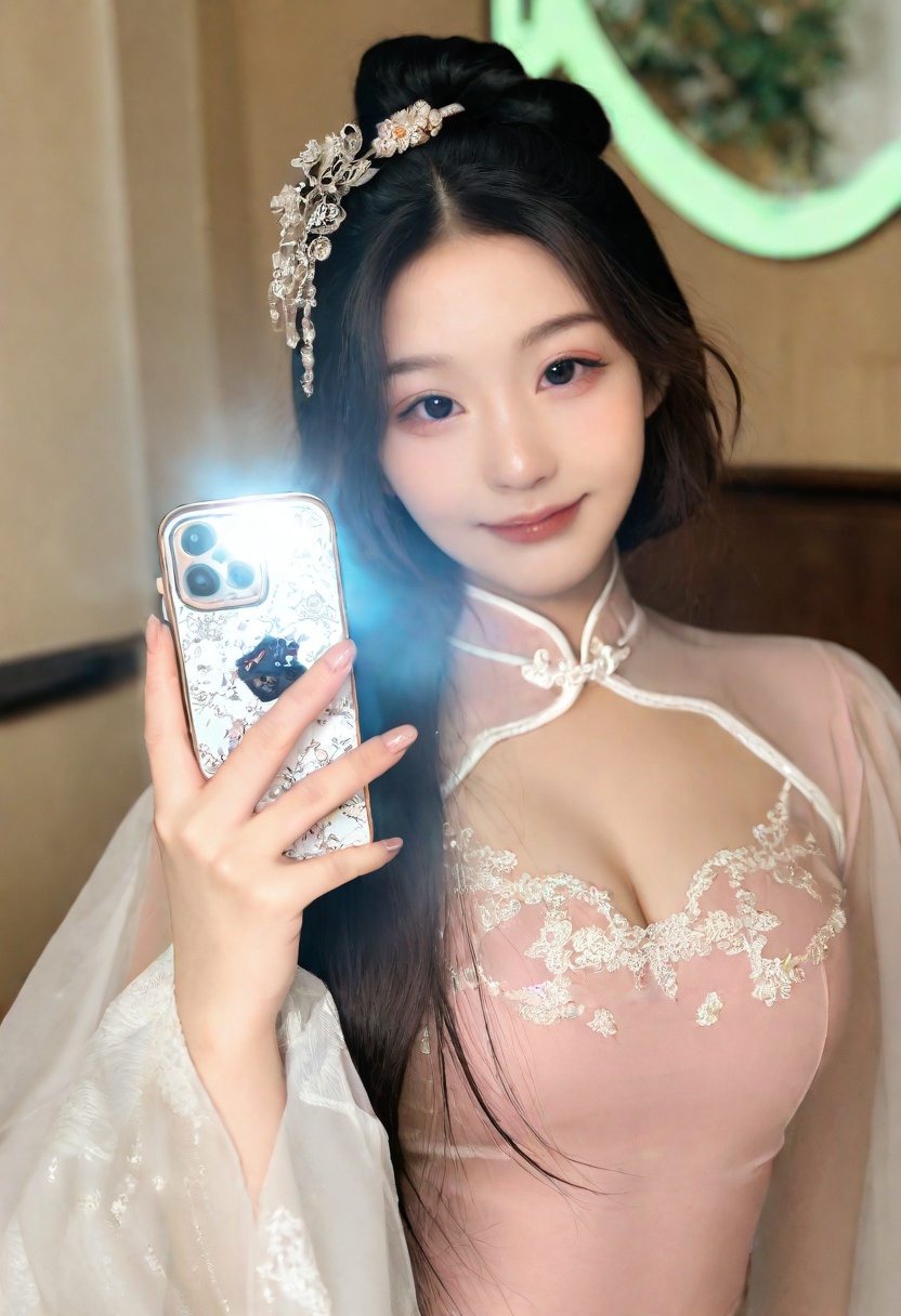 A Korean female idol Wearing see-through traditional Chinese cheongsam see-through Hanfu and very long sleeves,  ulzzang f...
