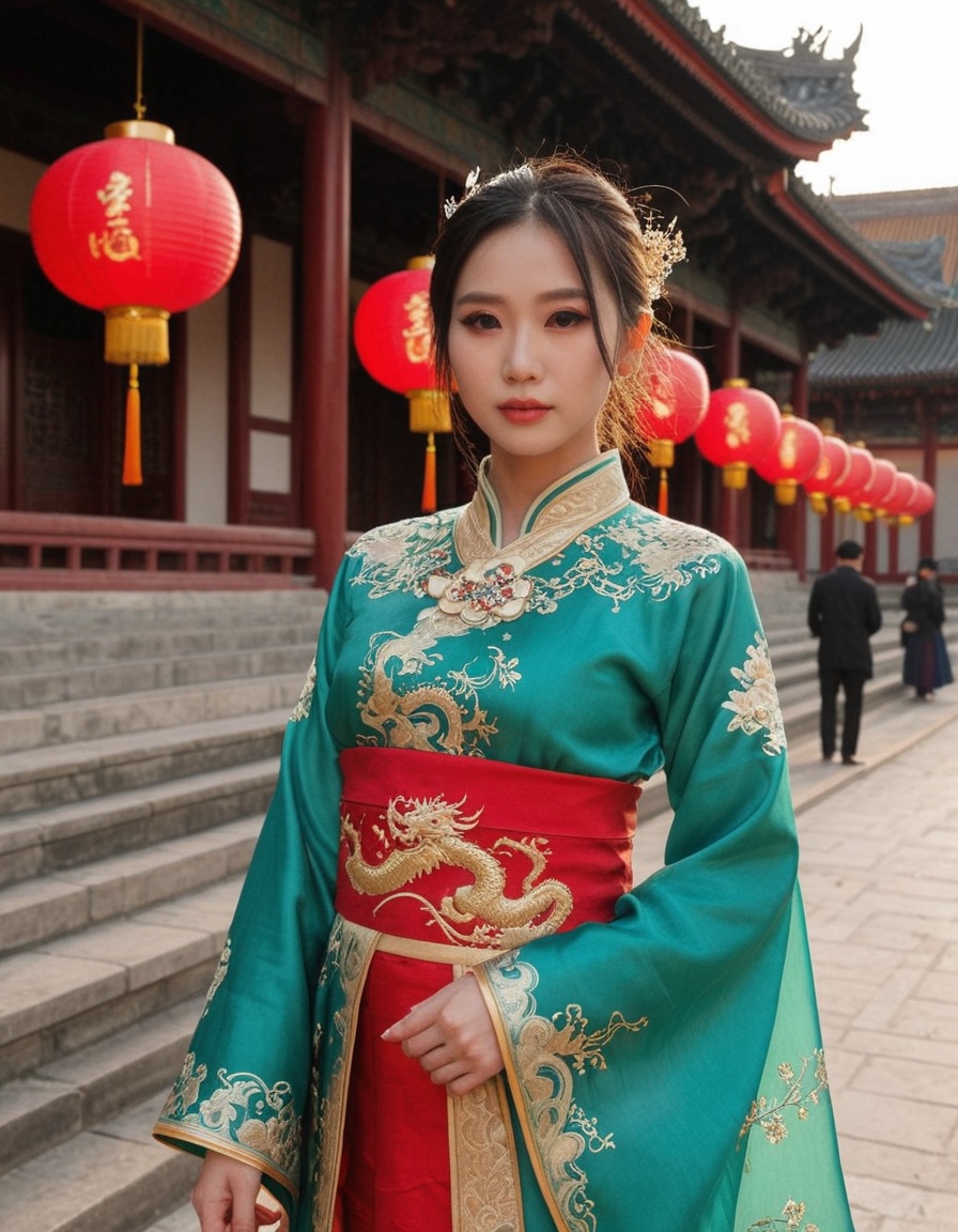 A breathtaking scene set in ancient China during a royal bride selection ceremony. At the center stands a young Chinese wo...