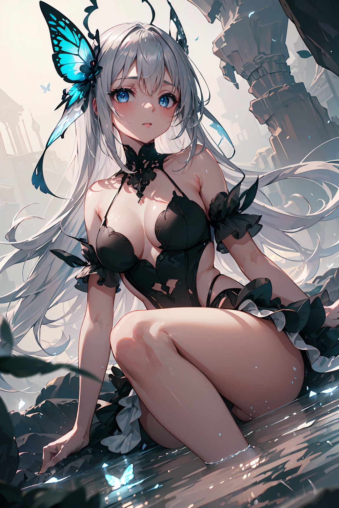 A captivating,  dreamlike anime girl sitting on a fantastical landscape filled with swirling shades of sleek black and shi...