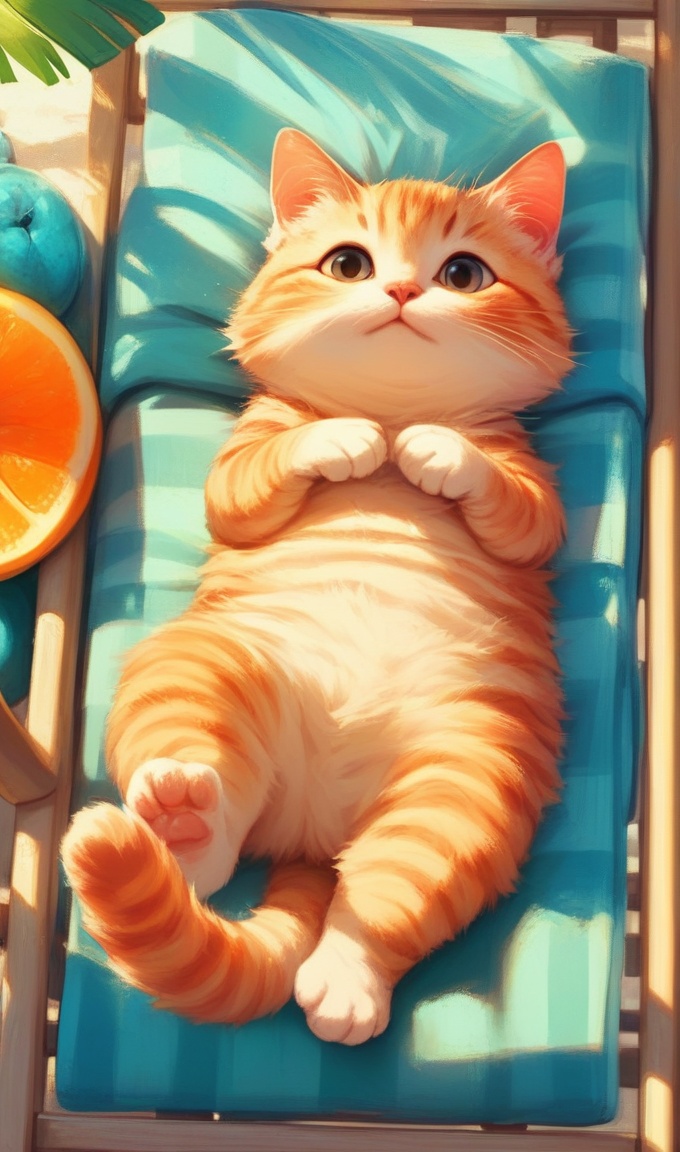 no humans, orange cat, cat, animal focus, animal, on back, chair, lying, lounge chair, fruit,dark tone,score_9,score_8_up,score_7_up,intricate details,solo,<lora:cute cat:0.7>,